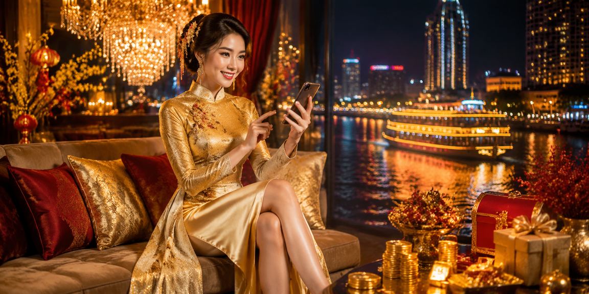 Phụ nữ mặc áo dài sử dụng điện thoại chơi casino tại vùng Mekong