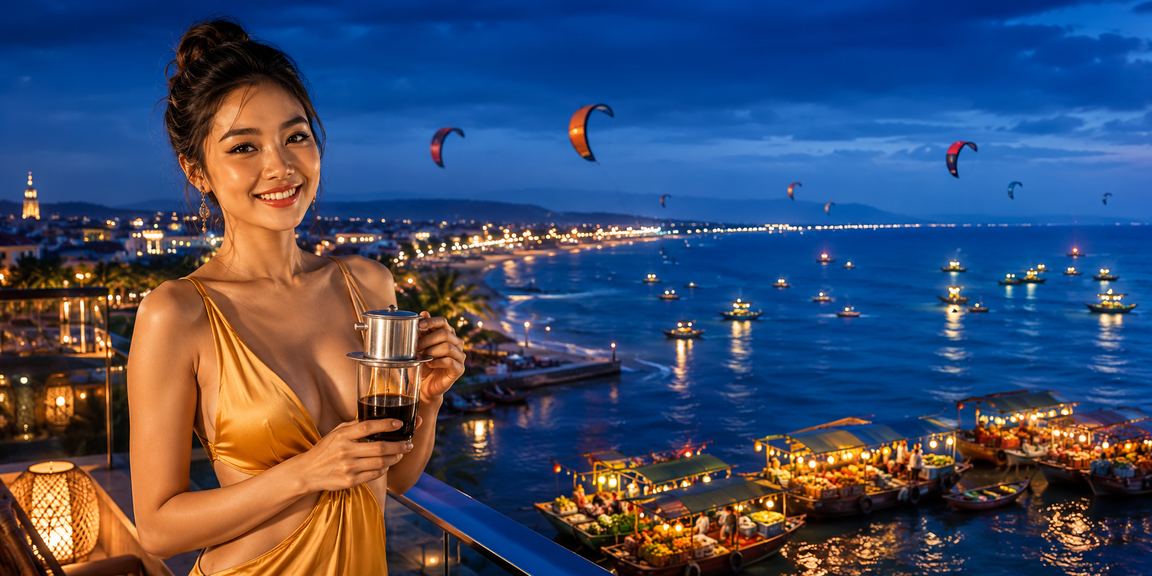 Người dùng kiểm tra ưu đãi cá cược tại quán cà phê Mũi Né ven biển